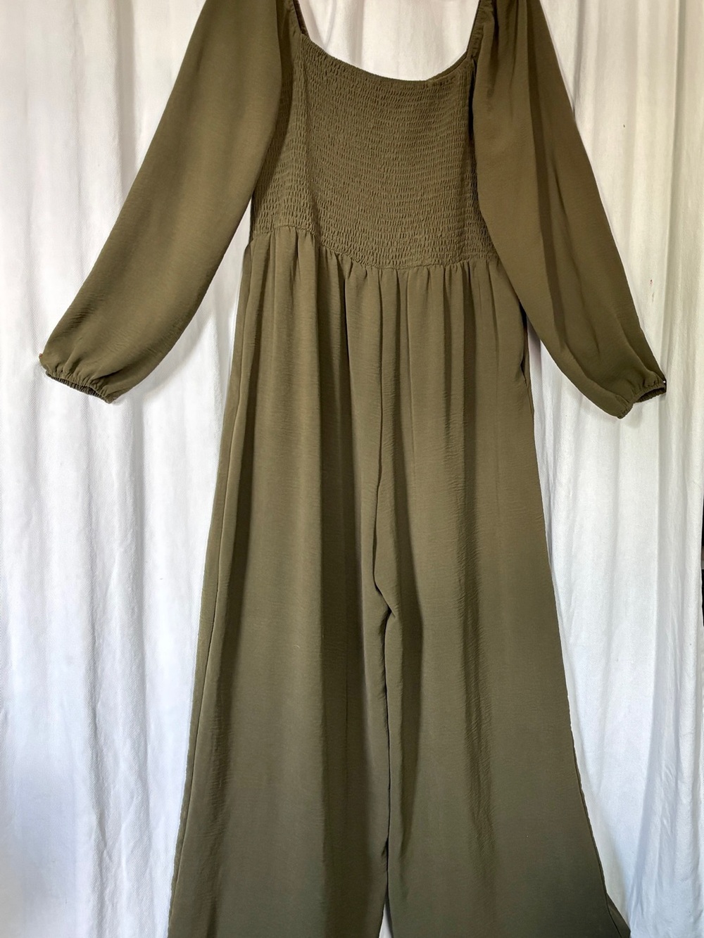 Lightweight Olive Green Smocked Bodice Wide-Leg Women's Breezy summer jumpsuit.